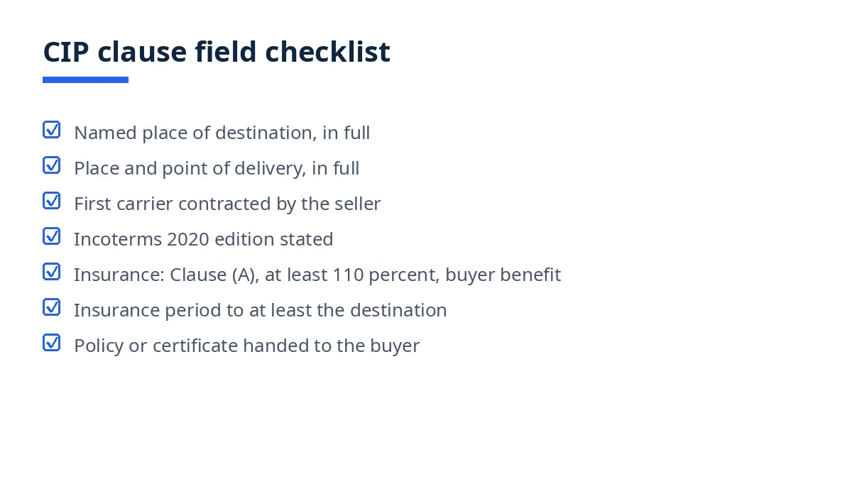 Diagram: CIP clause fields to check, from named destination and delivery point to Clause A insurance and policy handover
