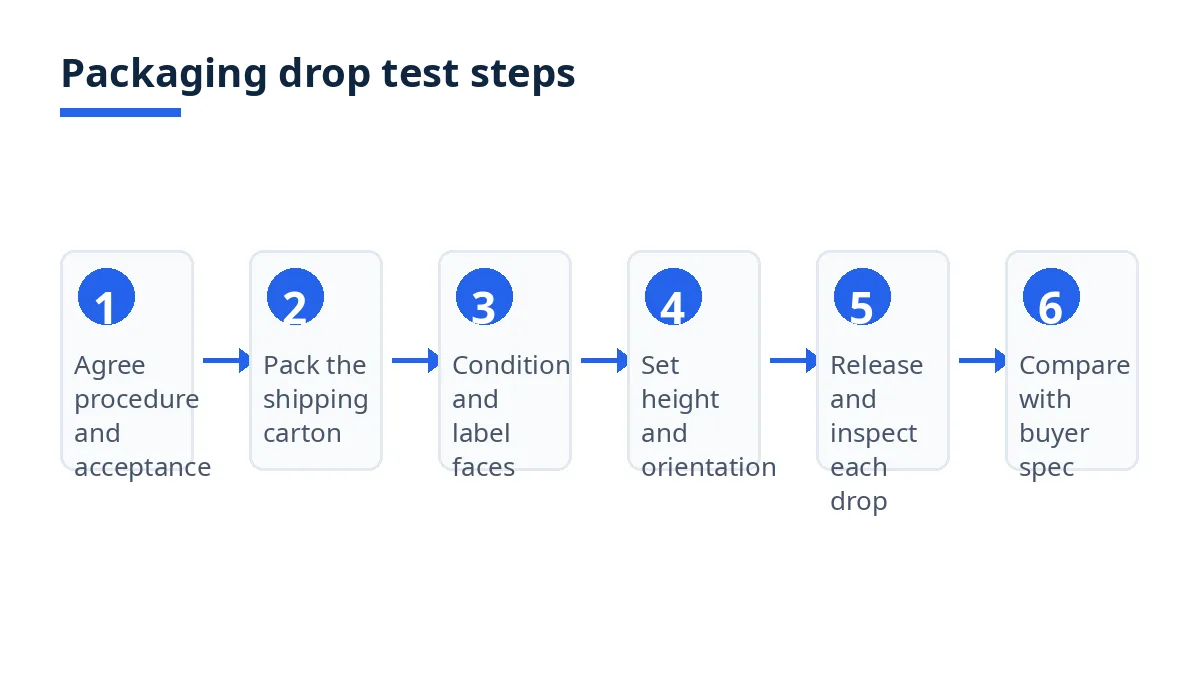Diagram: six steps of a packaging drop test, from agreeing procedure to comparing with buyer specification