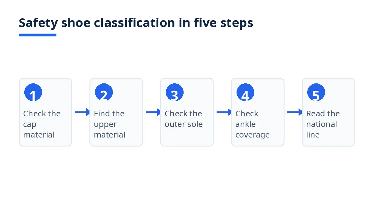 Diagram: safety shoe classification in five steps, from cap material to national line