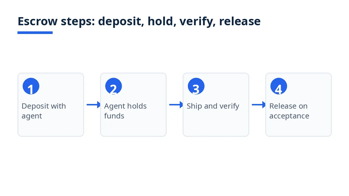 Diagram: escrow steps, deposit with agent, hold funds, ship and verify, release on acceptance