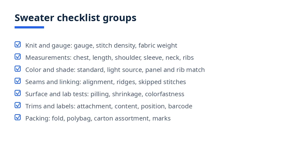 Diagram: sweater checklist groups, knit and gauge, measurements, color, seams, lab tests, labels, packing
