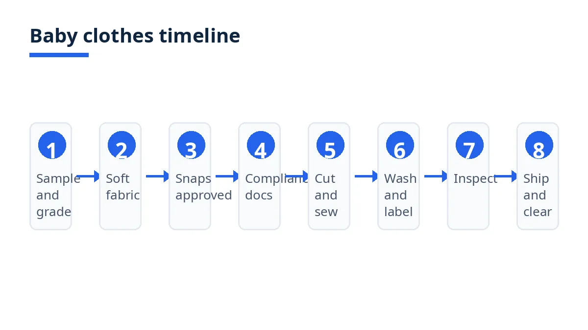 Diagram: baby clothes timeline, sample and grade, soft fabric, snaps, compliance, sew, wash, inspect, ship