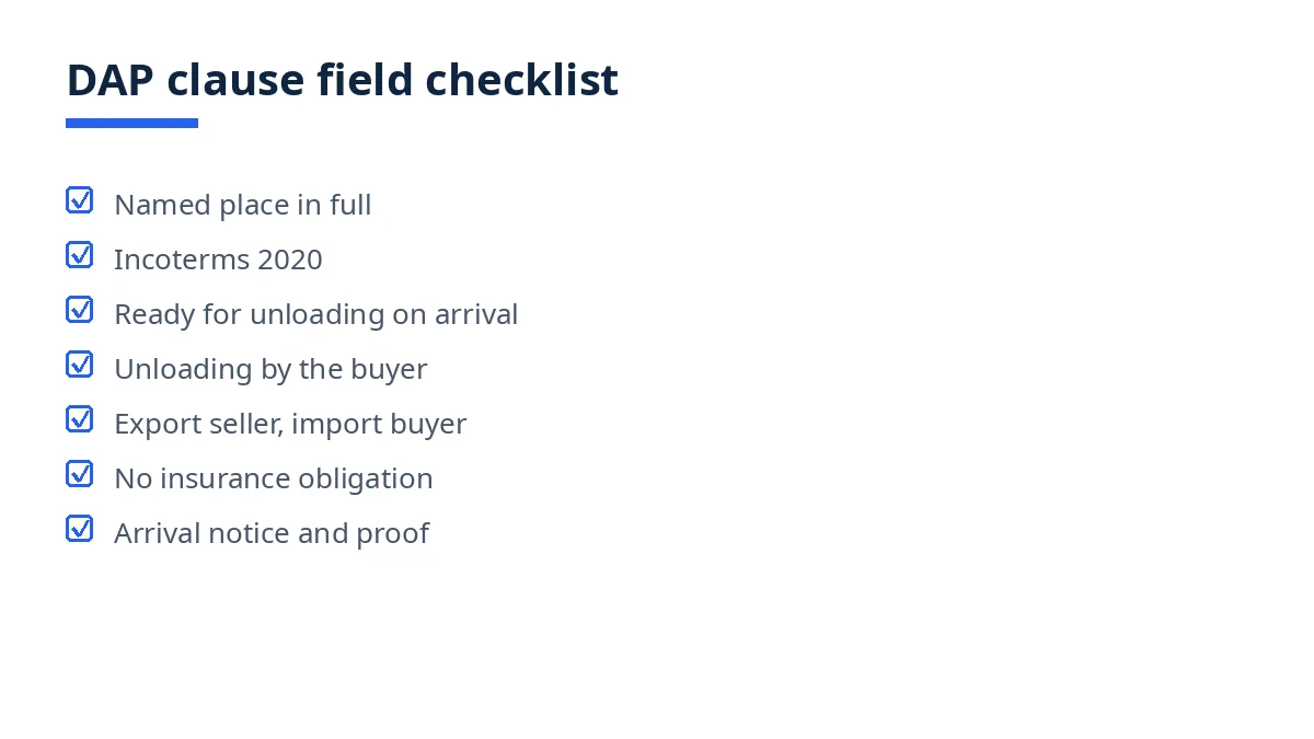 Diagram: DAP clause fields to check, from named place and Incoterms 2020 to unloading and no insurance obligation