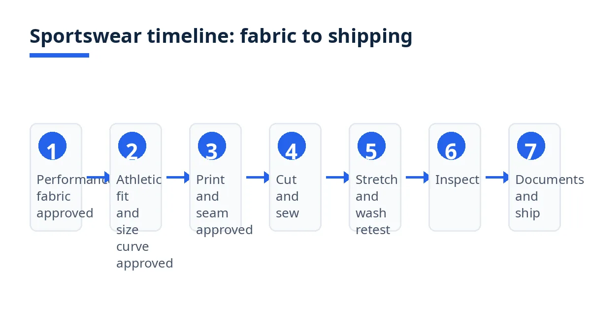 Diagram: sportswear timeline, fabric, fit, print, seam, sew, retest, inspect, ship
