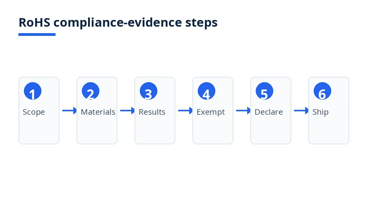 Diagram: six-step RoHS compliance-evidence steps, scope to shipment match