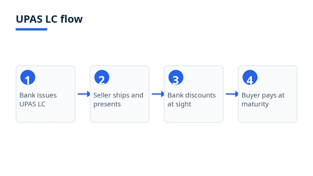 Diagram: UPAS LC flow from issue to discount at sight to payment at maturity