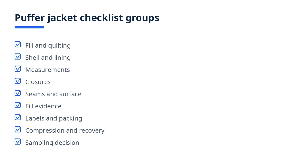 Diagram: puffer jacket checklist groups, fill, shell, measurements, closures, seams, fill evidence, labels, packing