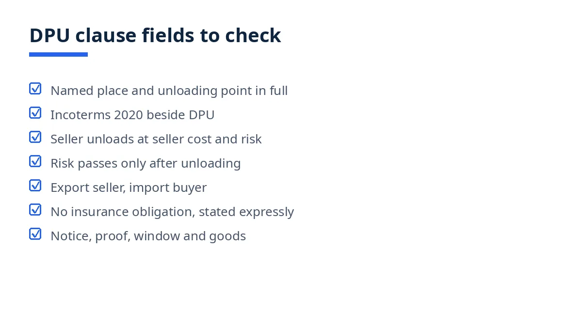 Diagram: DPU clause fields, from unloading place to seller unloading and insurance