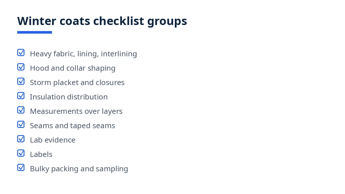 Diagram: winter coats checklist groups, fabric, hood, placket, insulation, measurements, seams, lab evidence, labels, packing