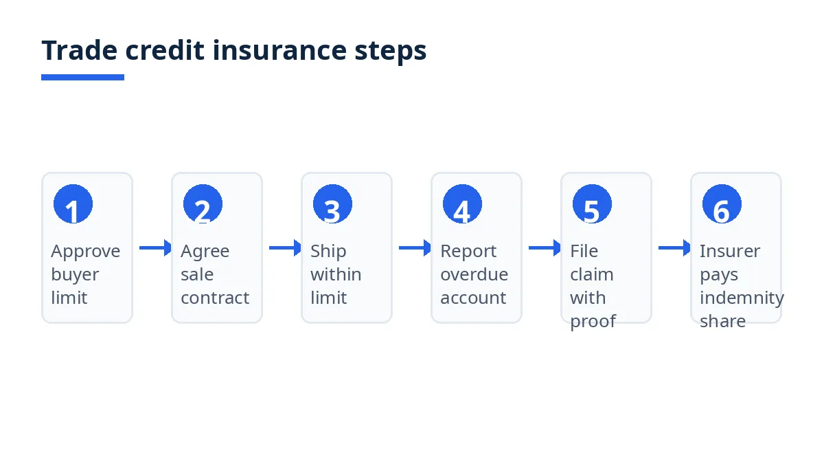 Diagram: trade credit insurance flow from limit approval to shipment to claim to indemnity payment