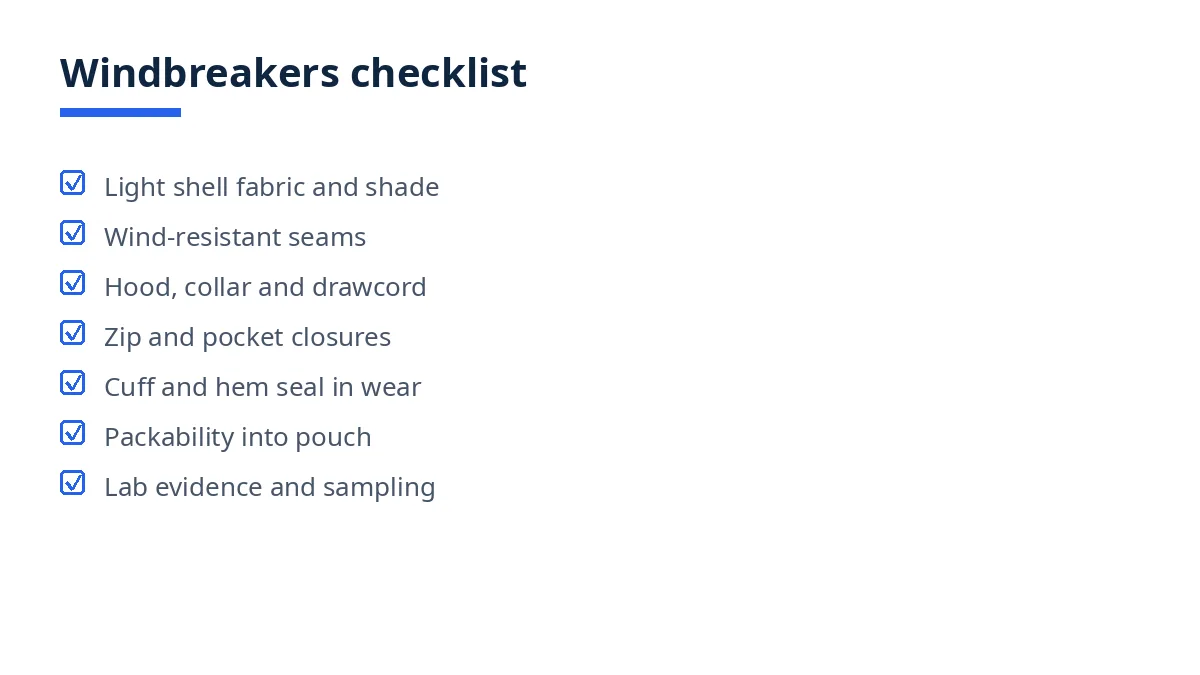 Diagram: windbreakers checklist groups, shell, seams, hood, closures, cuffs, packability, lab evidence, labels, packing