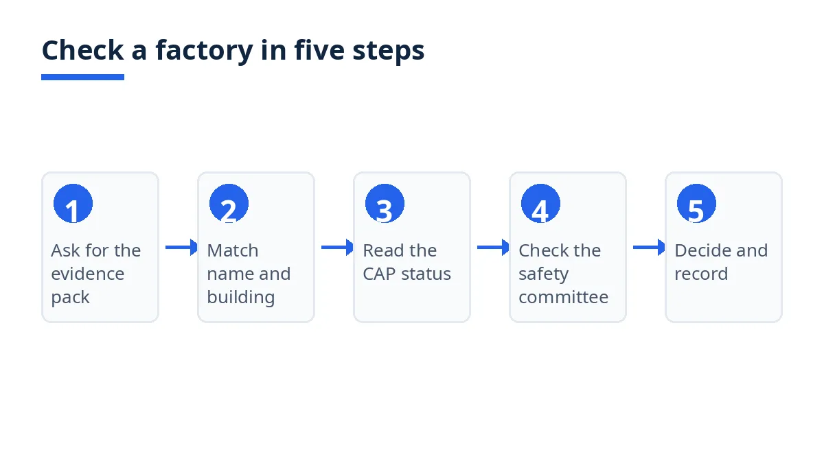 Diagram: five steps to check a factory, from evidence pack to decision