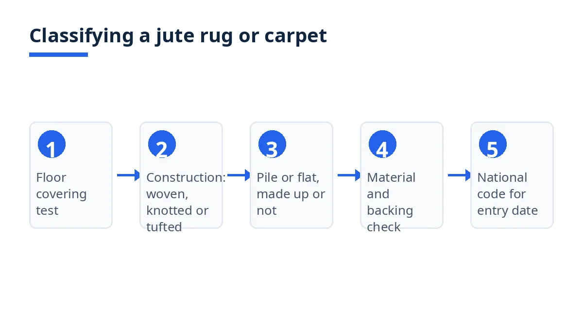 Diagram: classifying a jute rug or carpet, from floor-covering test to national code