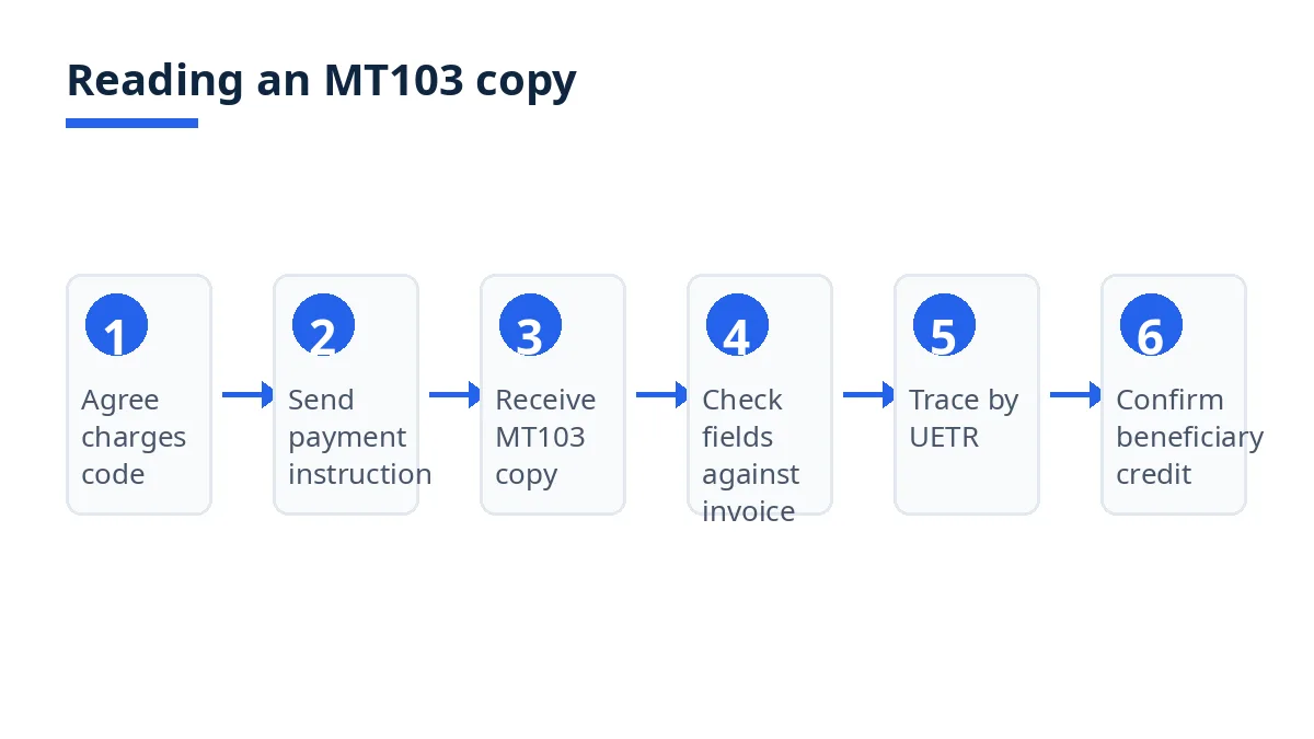 Diagram: six steps for reading an MT103 copy, from agreeing the charges code to confirming beneficiary credit