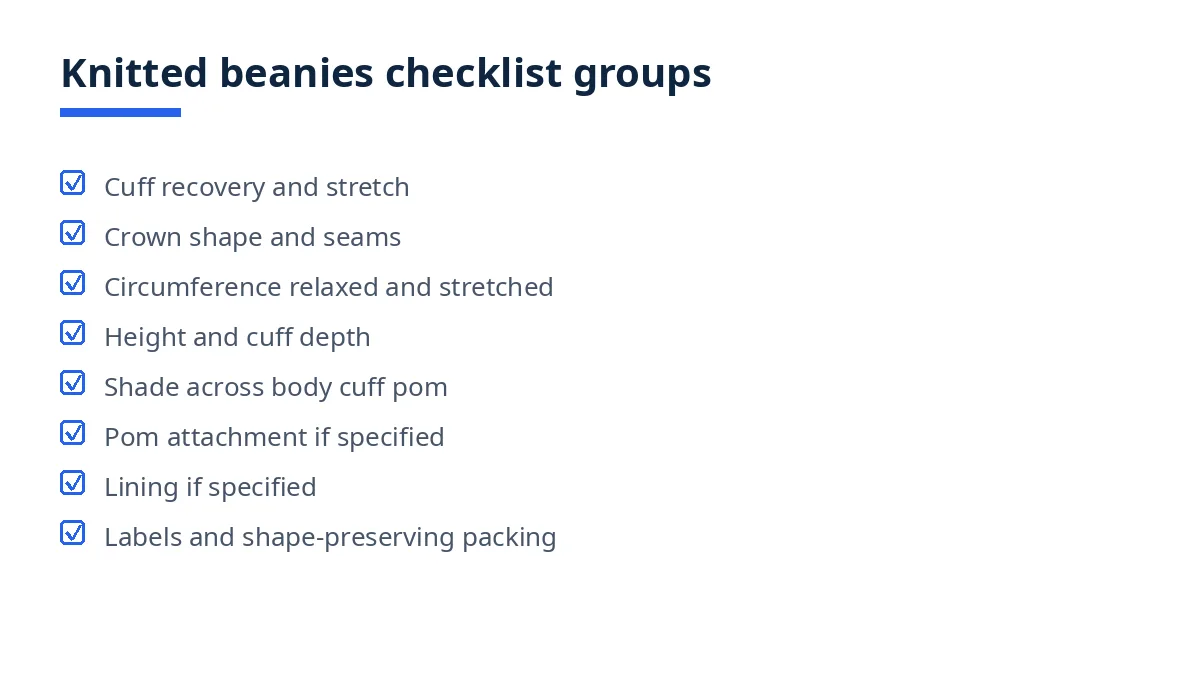 Diagram: knitted beanies checklist groups, cuff, crown, measurements, shade, pom, lining, labels, packing