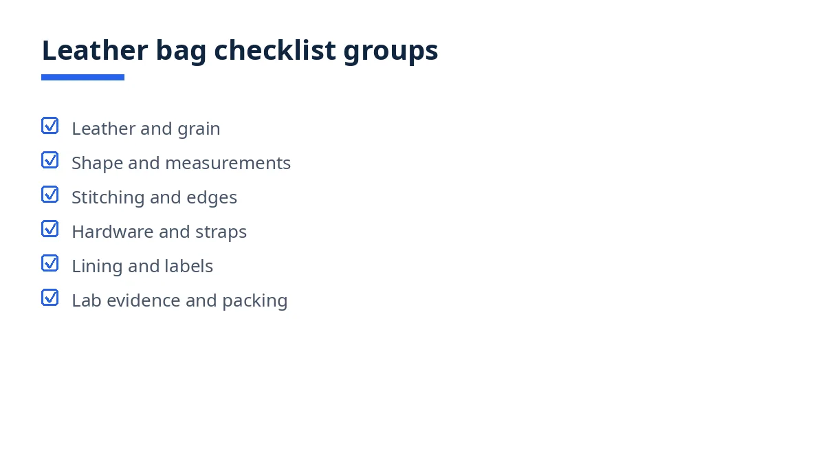 Diagram: leather bag checklist groups, leather, shape, stitching, hardware, lining, lab evidence, packing