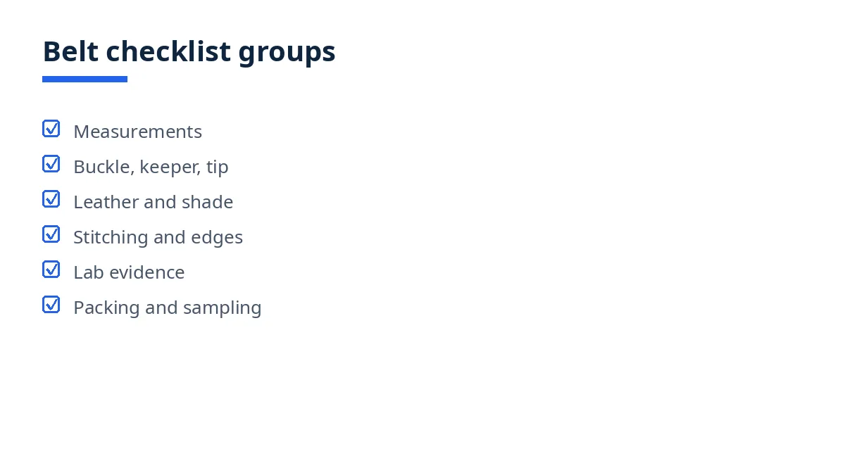 Diagram: belt checklist groups, measurements, buckle keeper tip, leather, stitching, lab evidence, packing