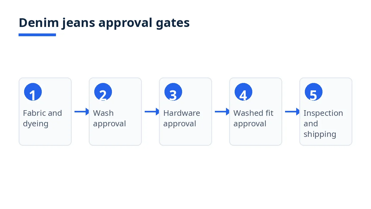 Diagram: denim jeans approval gates, fabric and dyeing to wash approval to hardware to washed fit to inspection and shipping