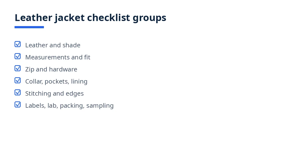 Diagram: jacket checklist groups, leather, measurements, zip, collar, pockets, lining, lab, packing