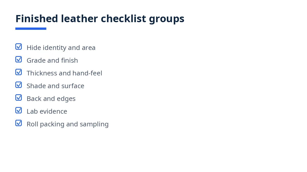 Diagram: finished leather checklist groups, area, grade, finish, thickness, shade, surface, lab, packing