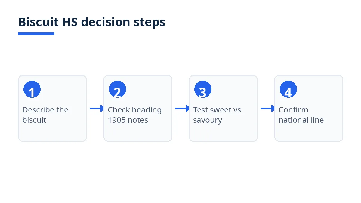 Diagram: biscuit HS decision steps from description to national line