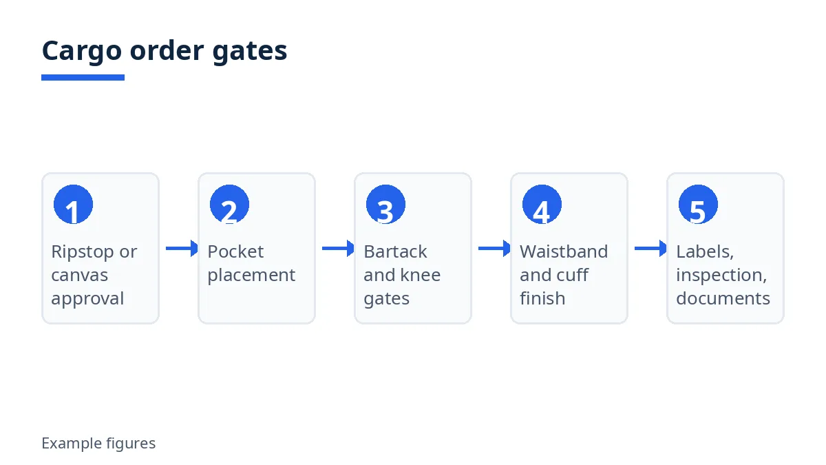 Cargo order gates diagram: fabric approval, pockets, bartack, knee, waistband, cuff, labels and documents