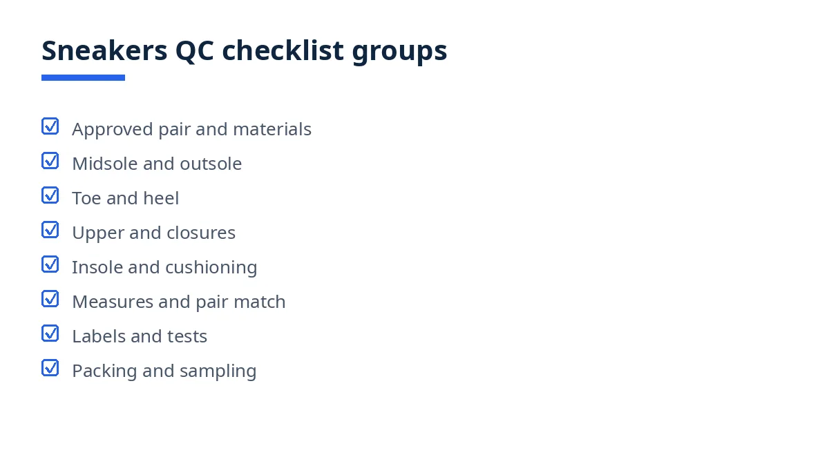 Diagram: sneakers checklist groups, midsole and outsole, toe and heel, closures, measures, pair match, packing