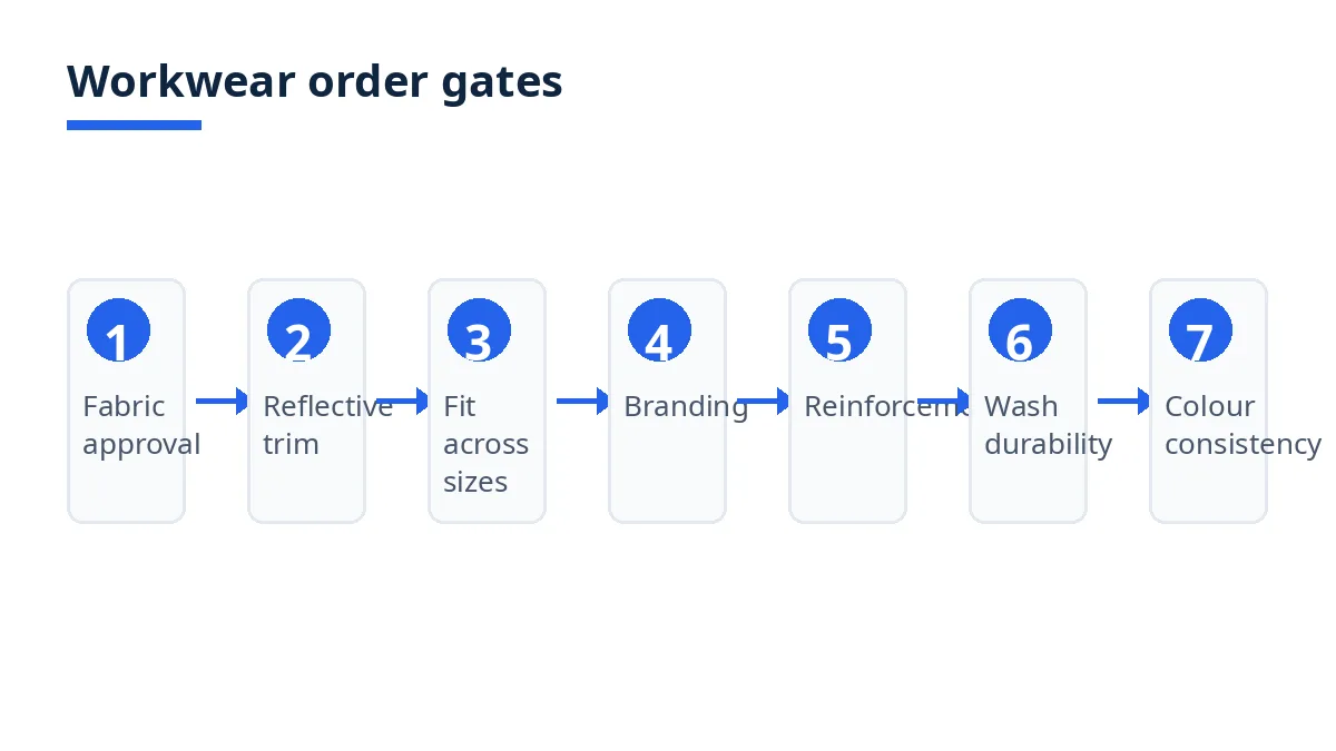 Workwear order gates diagram: fabric, trim, fit, branding, reinforcement, wash durability and colour consistency