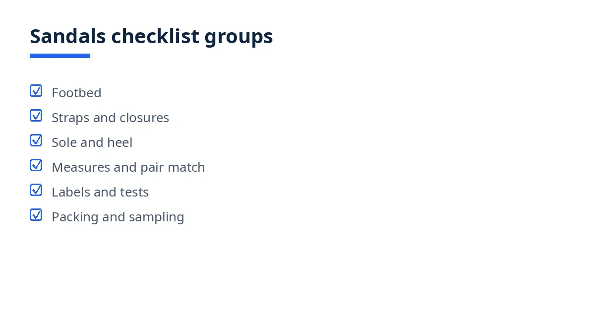 Diagram: sandals checklist groups, footbed, straps, sole and heel, measures, pair match, packing