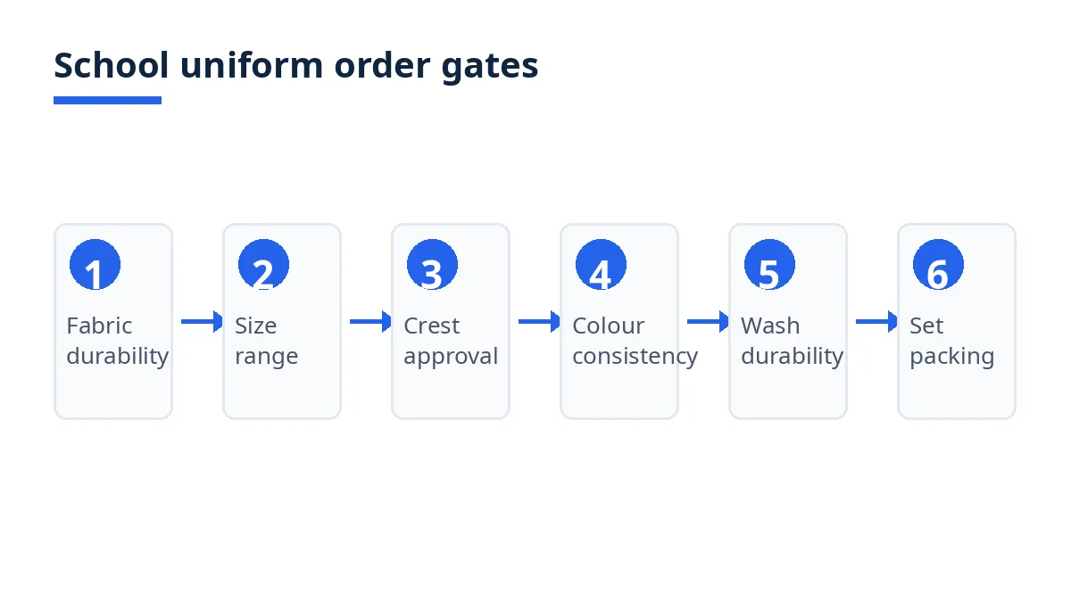 School uniform order gates diagram: fabric, size range, crest, colour, wash durability and set packing