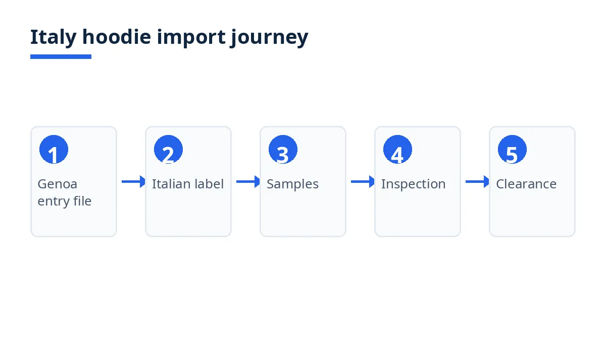 Italy hoodie import journey diagram: Genoa entry, Italian label, samples, inspection, clearance