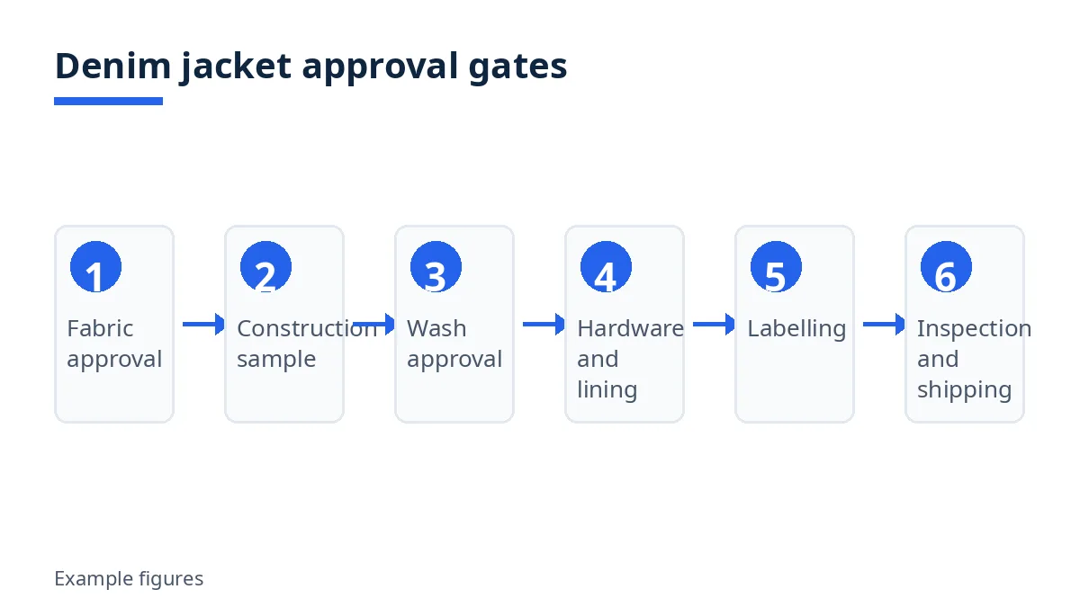 Diagram: denim jacket approval gates, fabric, construction, wash, hardware, lining, labelling, inspection, shipping