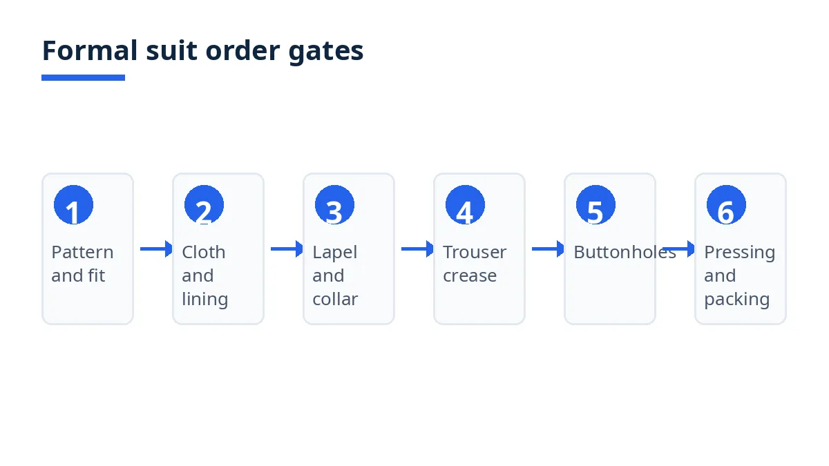 Formal suit order gates diagram: pattern, cloth, lapel, trouser, buttonhole, pressing