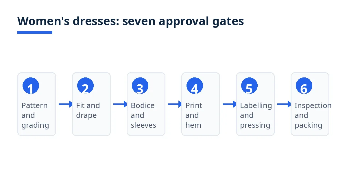 Diagram: women's dresses approval gates, pattern, fit, bodice, print, hem, labelling, inspection