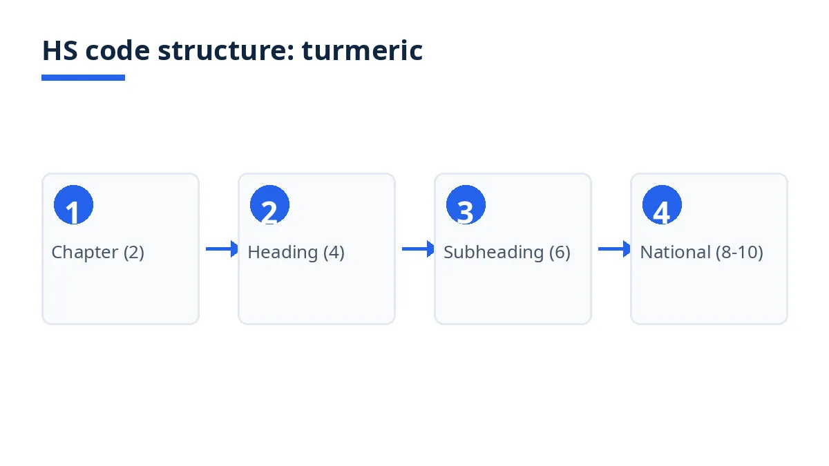 Diagram: HS code structure from chapter to national extension for turmeric