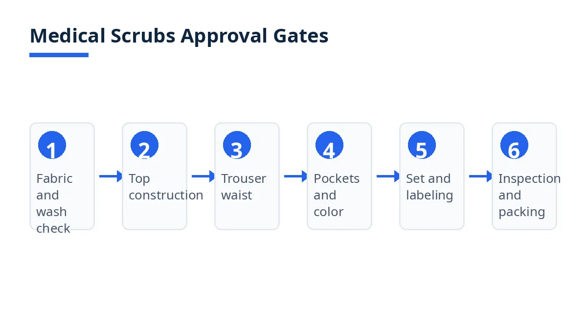 Diagram: medical scrubs approval gates, fabric, top, waist, pockets, color, set, labeling, inspection