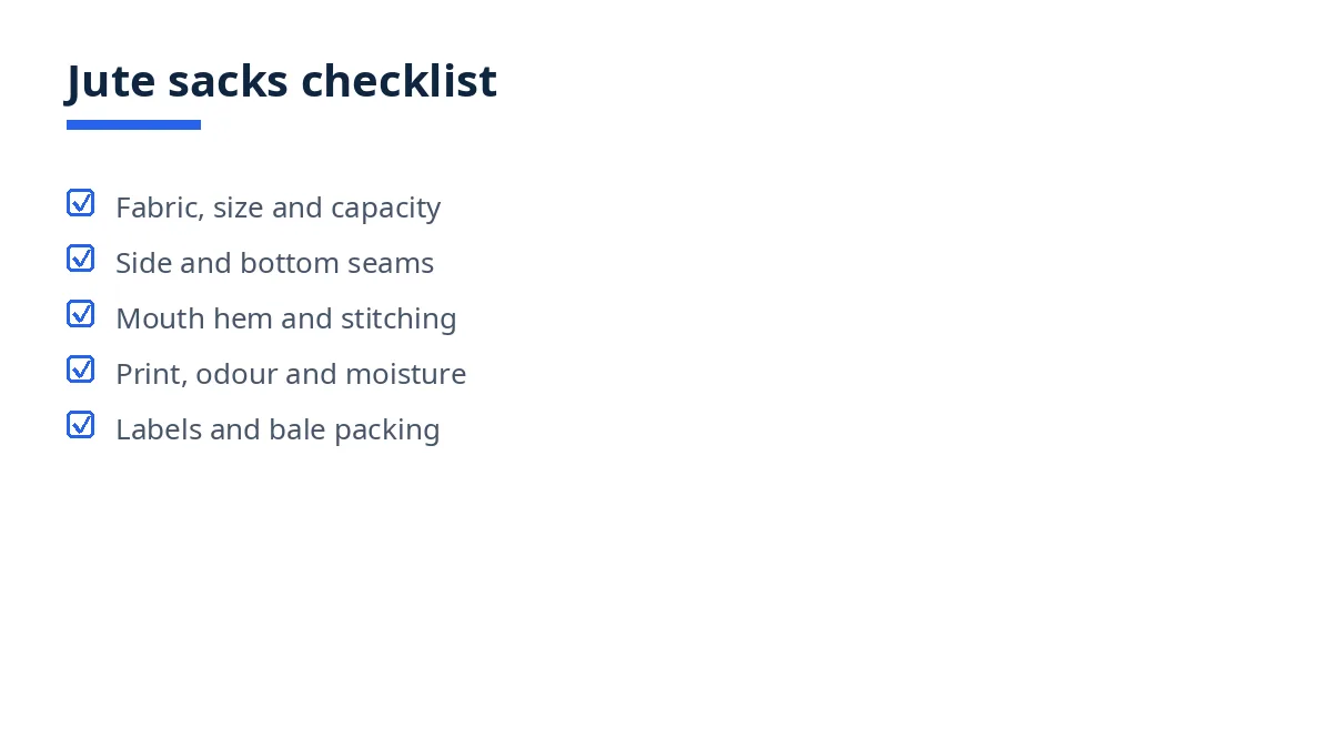 Diagram: jute sacks checklist groups, fabric, seams, hem, print, odour, labels, bale packing