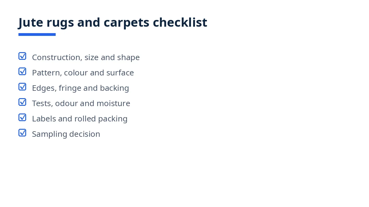 Diagram: jute rugs checklist groups, construction, pattern, edges, backing, tests, rolled packing