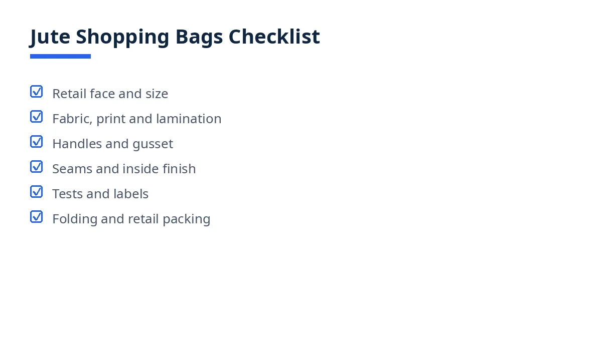 Diagram: jute shopping bags checklist groups, retail face, handles, gusset, lamination, folding, packing
