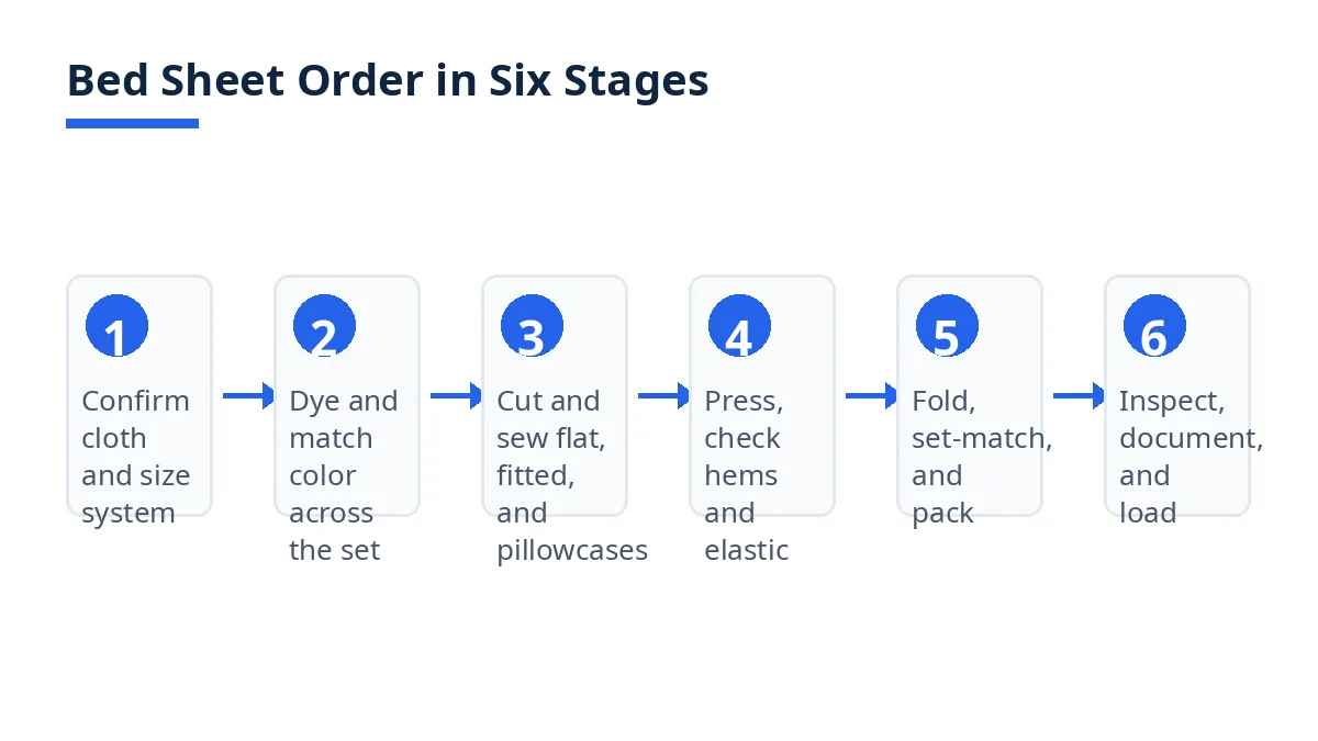 Diagram: bed sheet stages, cloth and size, color lot match, cut and sew, press and fold, inspect and load