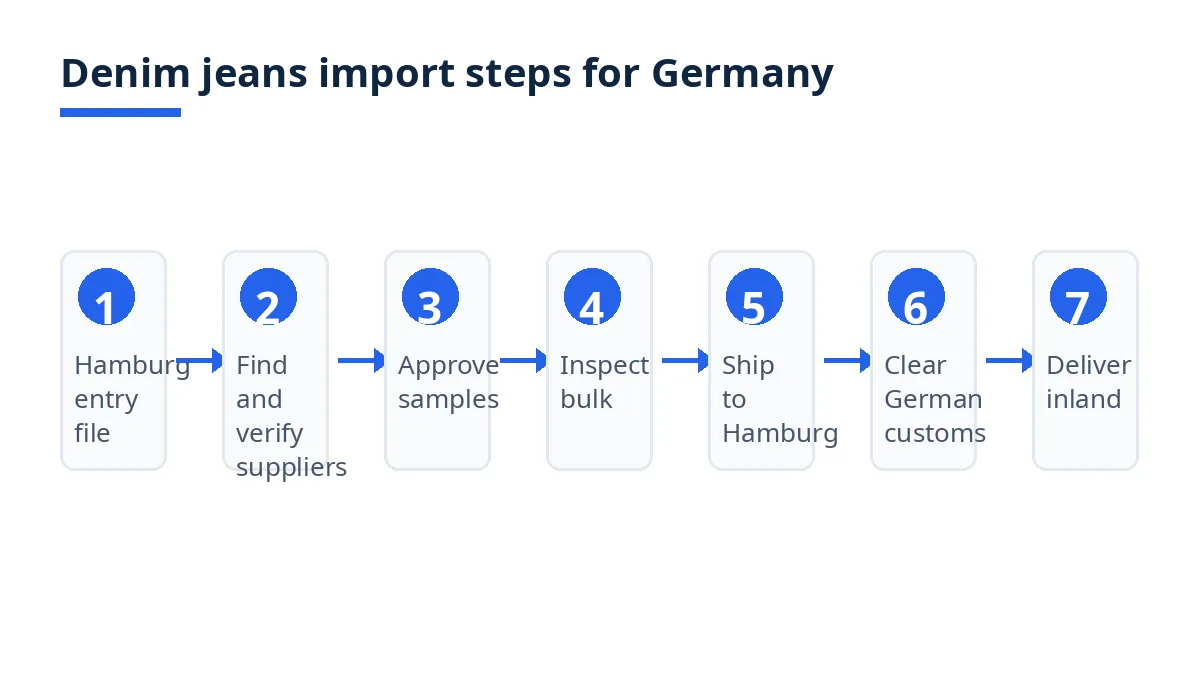 Denim jeans import steps for Germany buyers: Hamburg entry, supplier checks, samples, inspection, shipping, customs, delivery