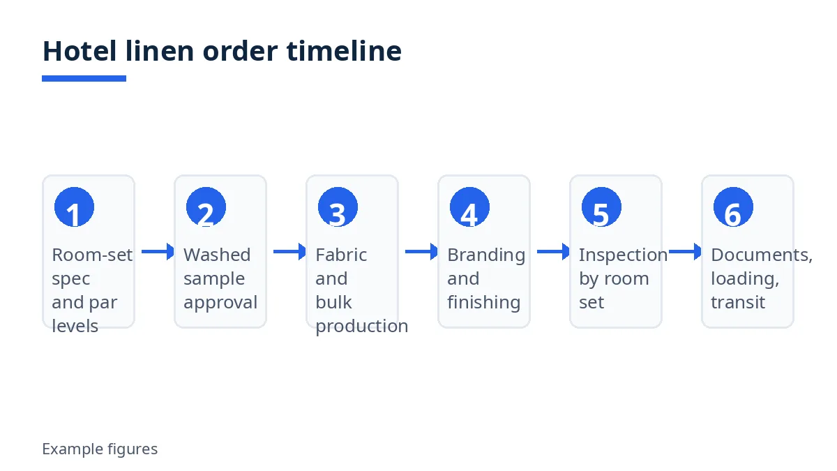 Diagram: six hotel linen order stages from room-set spec to documents, loading and transit