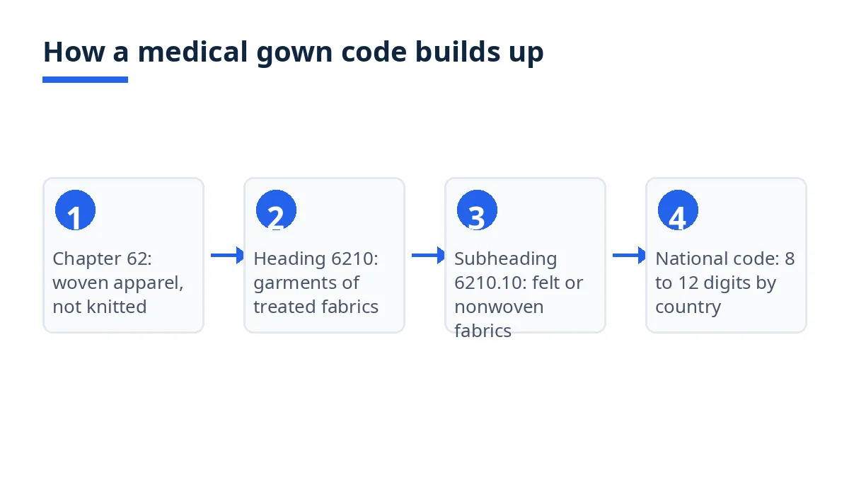 Diagram: HS code structure from Chapter 62 to heading 6210, subheading 6210.10, and national codes