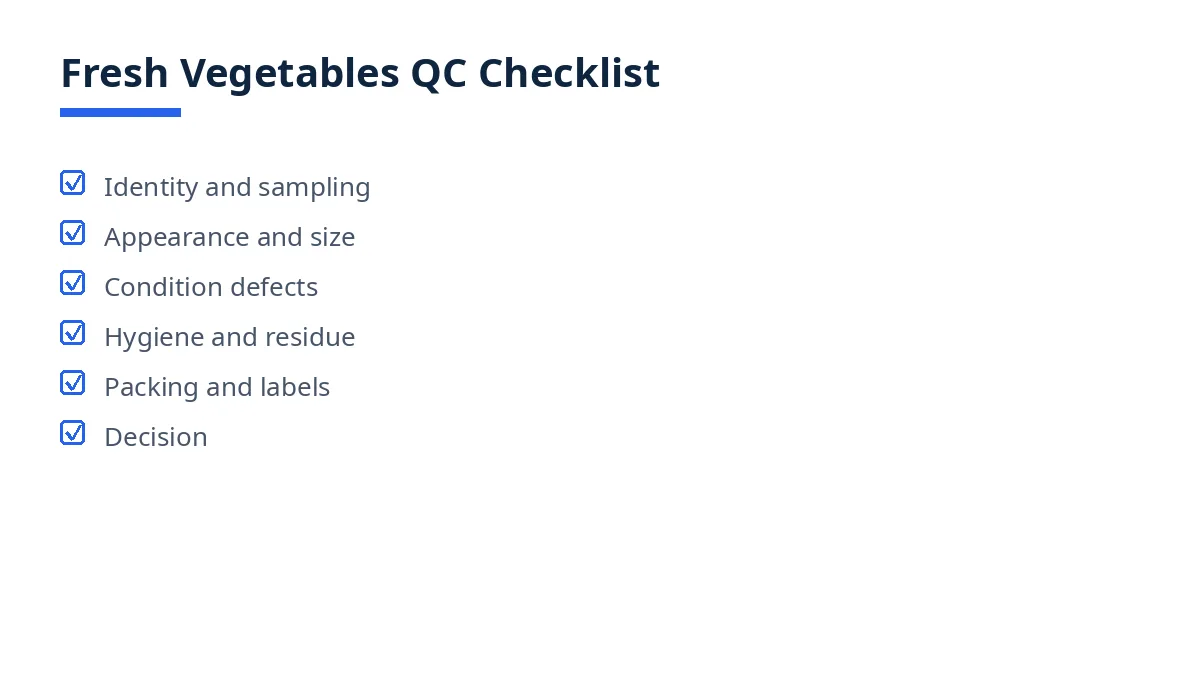 Diagram of the fresh vegetables QC checklist with six blocks, from identity and sampling to decision