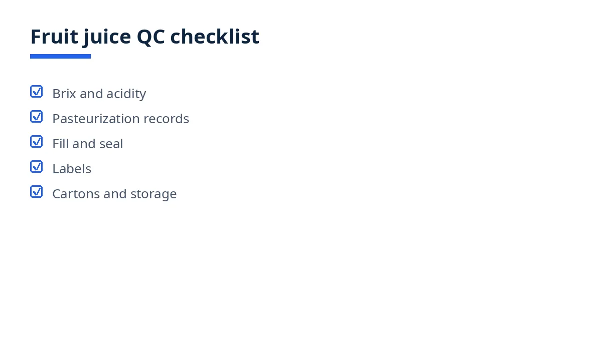 Diagram of the fruit juice QC checklist with five blocks, from Brix to cartons