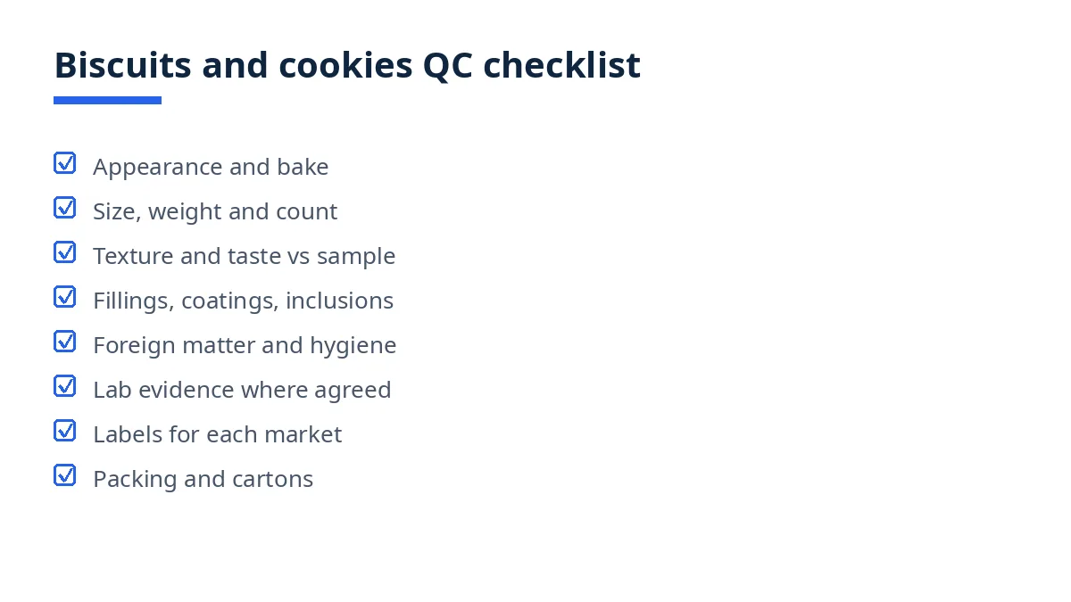 Diagram of the biscuits and cookies QC checklist with eight blocks, from appearance to packing