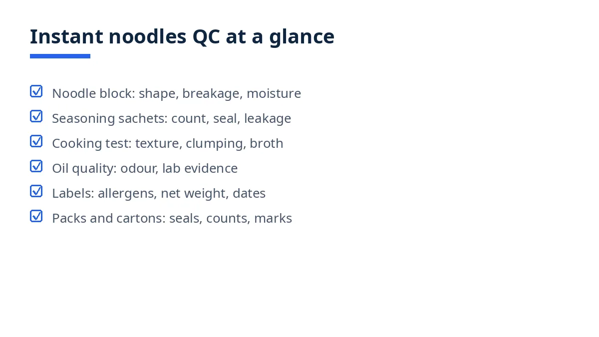 Diagram of the instant noodles QC checklist with six blocks, from noodle block to packs
