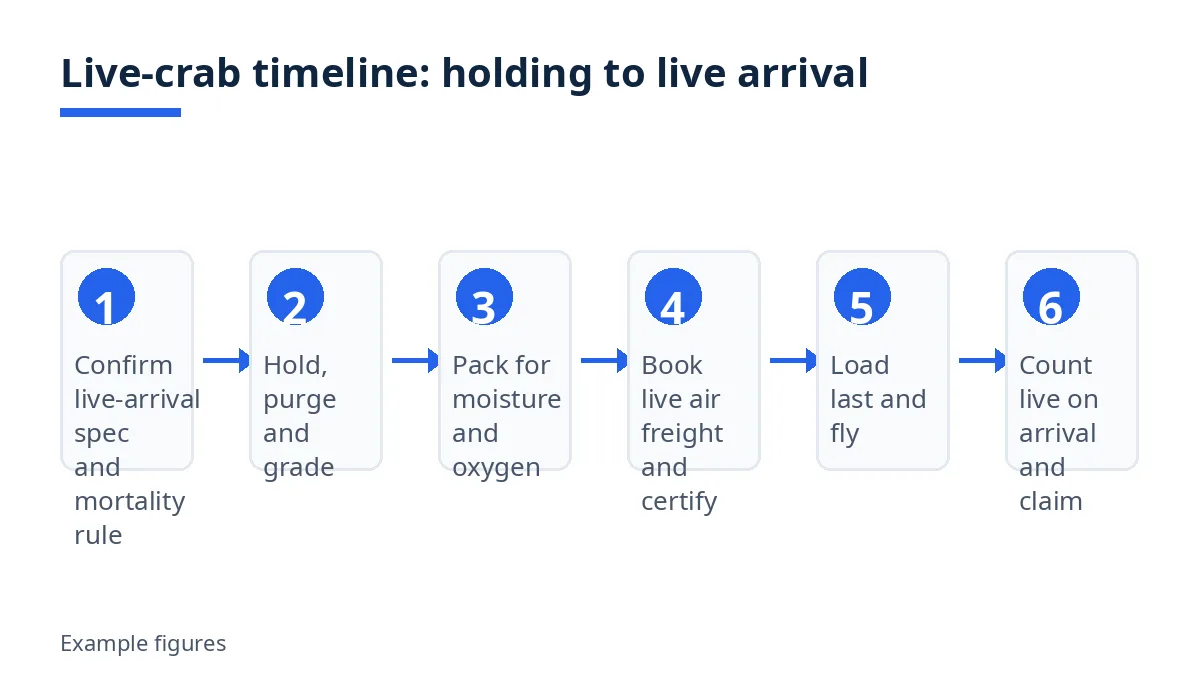 Diagram: six live-crab timeline steps, from live-arrival specification to live count on arrival