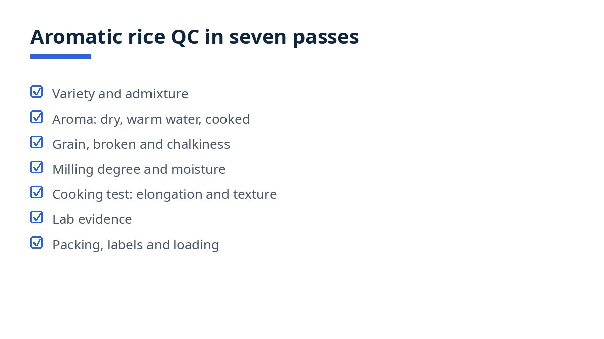 Diagram of the aromatic rice QC checklist in seven passes, from variety and aroma to packing and labels