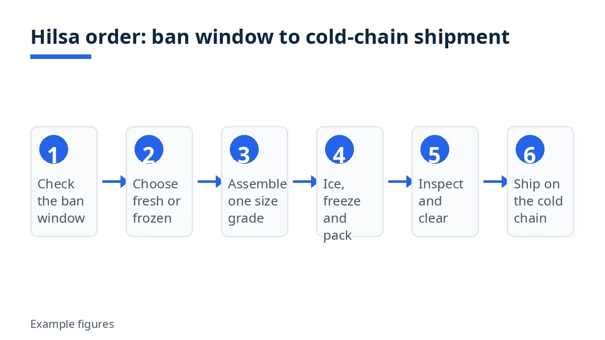 Diagram: hilsa order steps from ban window check to cold-chain shipment